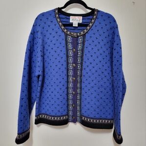 Vintage Wool Cardigan Birdseye Pattern Large Blue Chunky Knit Sweater Floral